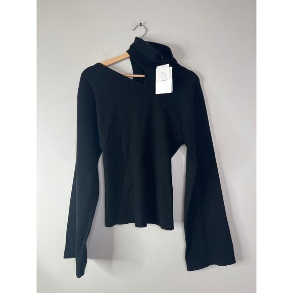 NWT A.L.C. Edith Rib Knit Turtleneck Pullover Cutout Shoulder Black Sweater - Picture 2 of 8